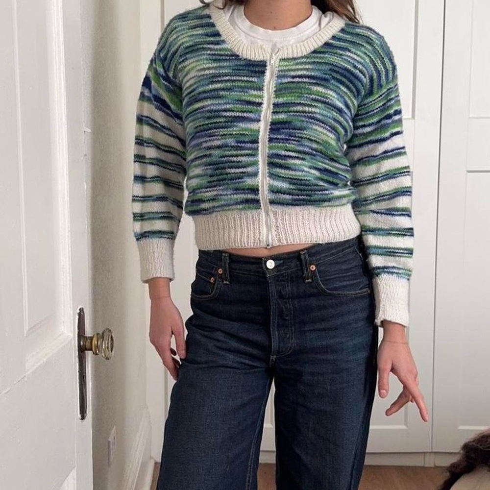 Vintage 60s / 70s  Handknit Blue and Green Striped Zip Up Cardigan